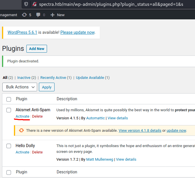 Activating Akismet Plugin